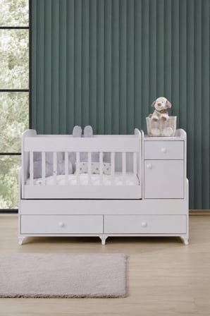 Beşik, Elegant Çekmeceli Dolaplı Sallanan Büyüyen Beşik 60x120 / 60x160 - Beyaz