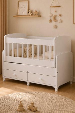 Beşik, Elegant Çekmeceli Sallanan Beşik 60x120- Beyaz