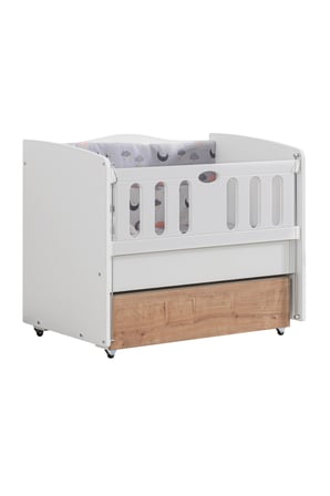 Beşik, Mini Çekmeceli Korkuluklu Sallanan Beşik 60x100 cm - Beyaz Ceviz