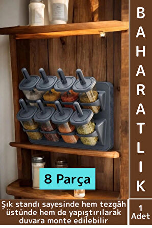 Premium Mutfak Tezgah Üstü Duvara Monte Edilebilir Standlı Çok Şık Kaşıklı Baharatlık 8 Parça 350 ML