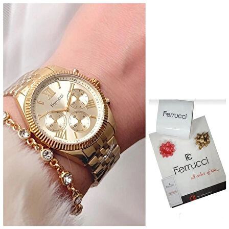 Ferrucci  Gold Roma Rakamlı Çelik Spor Şık Kadın Kol Saat+Bileklik