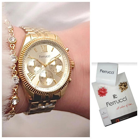 Ferrucci  Gold Roma Rakamlı Çelik Spor Şık Kadın Kol Saat+Bileklik