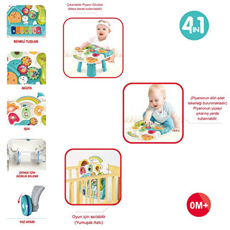 Piyanolu Yürüme Arkadaşı 4in1 Aktivite Masası Işıklı Müzikli Yürüteç Kırmızı
