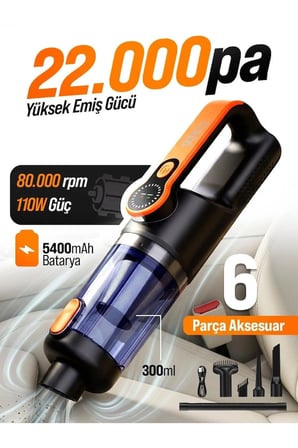 TLN 22.000 Pa Kablosuz Araç Süpürgesi ve Hava Üfleyici 2'si 1 Arada 5400 mAh Type-C Şarjlı Mini El Süpürgesi