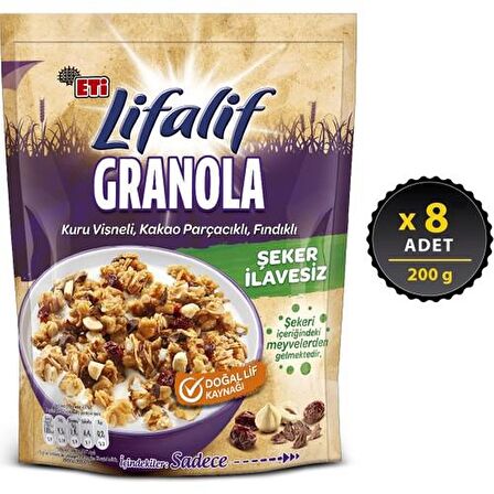 Eti Lifalif Granola Kuru Vişneli, Kakao Parçacıklı, Fındıklı 200 g x 8 Adet