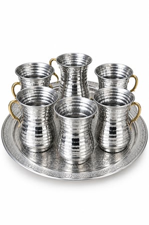 İşlemeli Kulplu Bakır Fincan ve Bardak Takımı (Tepsi Dahil)