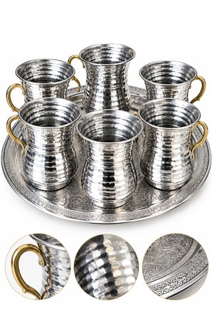 İşlemeli Kulplu Bakır Fincan ve Bardak Takımı (Tepsi Dahil)