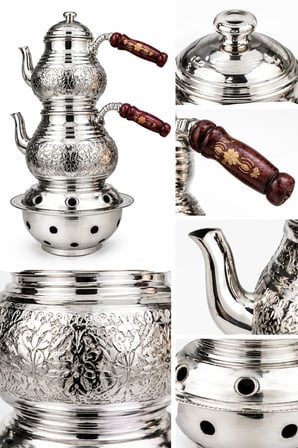 Ahşap Kulplu İkili Bakır Çaydanlık Takımı ve Ocağı