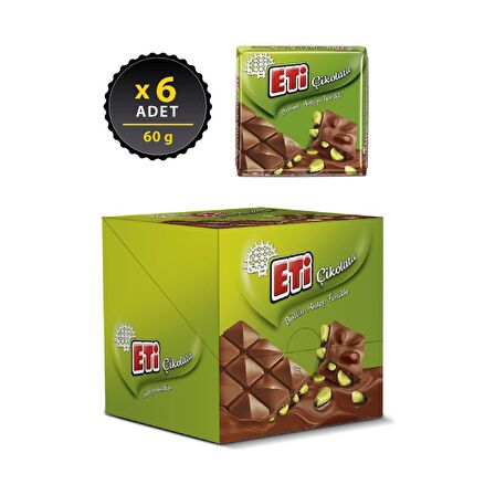 Eti Çikolata Antep Fıstıklı Kare 60 g x 6 Adet