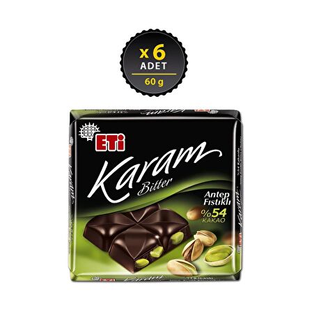 Eti Karam Antep Fıstıklı Kakaolu Bitter Çikolata 60 g x 6 Adet