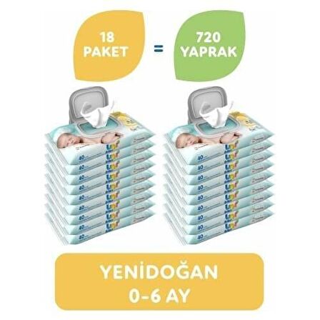 Uni Baby Yenidoğan Alkolsüz-Parfümsüz 18 x 40 Yaprak 18 Paket Islak Mendil