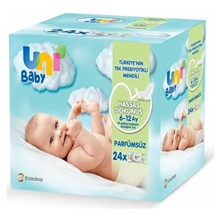 Uni Baby Hassas Dokunuş Alkolsüz-Parfümsüz 24 x 52 Yaprak 24 Paket Islak Mendil