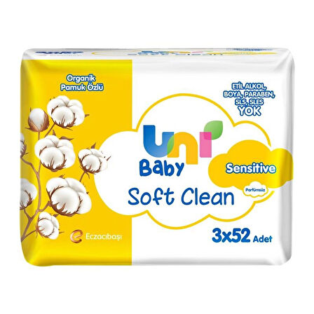 Uni Baby Soft Clean Organik Pamuk Özlü Sensitive Islak Mendil 3 x 52'li