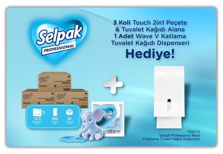 Selpak Professional Touch 2in1 Peçete & Tuvalet Kağıdı 200'lü x 3 Koli + Wave V Katlama Dispenseri Hediyeli