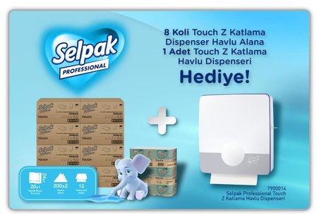 Selpak Professional Touch Z Katlama Dispenser Havlu 200 Yaprak 12'li x 8 Koli + Touch Z Katlama Havlu Dispenseri Hediyeli