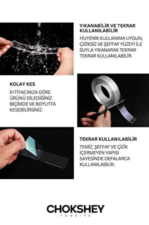 Yıkanabilir Nano Şeffaf Bant Su Geçirmez Süper Güçlü Montaj Bant 10mmx2mt