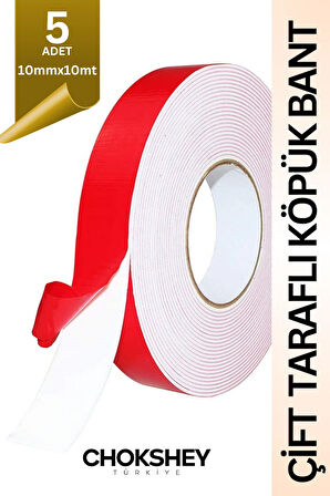 Çift Taraflı Köpük Bant Kırmızı Beyaz Güçlü Yapışkan Esnek Kullanım - 10mmx10mt - 5 Adet