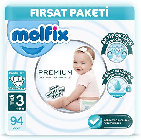 Molfix Premium Ultra Fırsat Paketi Midi 3 Numara Bebek Bezi 94 Adet 4-9 Kg