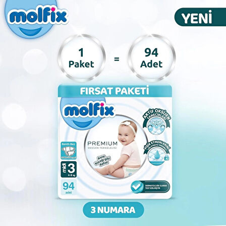 Molfix Premium Ultra Fırsat Paketi Midi 3 Numara Bebek Bezi 94 Adet 4-9 Kg