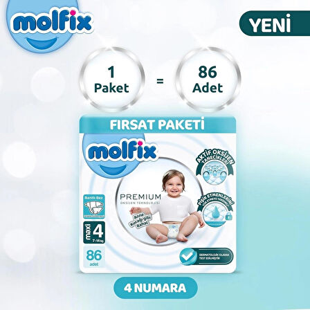 Molfix Premium Ultra Fırsat Paketi Maxi 4 Numara Bebek Bezi 86 Adet 7-14 Kg