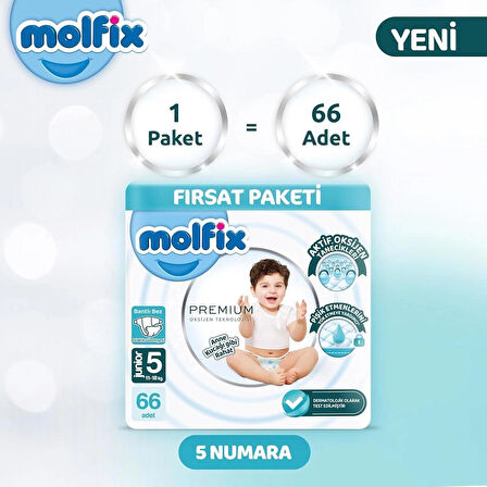 Molfix Premium Ultra Fırsat Paketi Junior 5 Numara Bebek Bezi 66 Adet 11-18 Kg