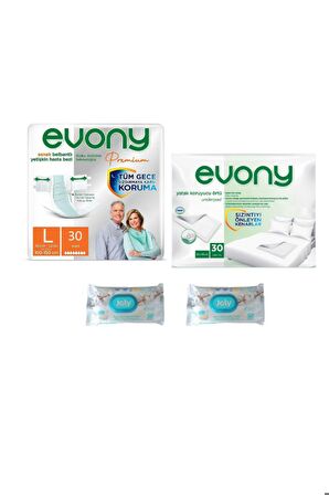 Yetişkin Bez Large 30lu+Hasta Altı Örtüsü 30 lu+Joly Vücut-Perine Bölgesi Temizleme 50li(2adet