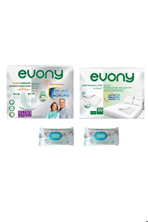 Yetişkin Bez XLarge 30lu+Hasta Altı Örtüsü 30 lu+Joly Vücut-Perine Bölgesi Temizleme 50li(2li)