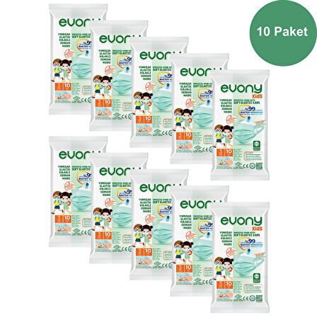 Evony Kids 3 Katlı Yumuşak Elastik Kulaklı 10 lu Çocuk Maskesi x 10 Paket