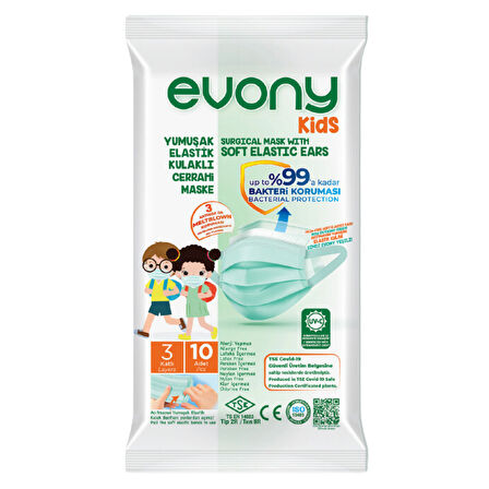 Evony Kids 3 Katlı Yumuşak Elastik Kulaklı 10 lu Çocuk Maskesi x 10 Paket