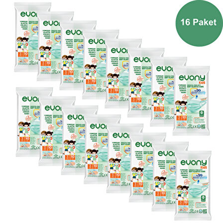 Evony Kids 3 Katlı Yumuşak Elastik Kulaklı 10 lu Çocuk Maskesi x 16 Paket