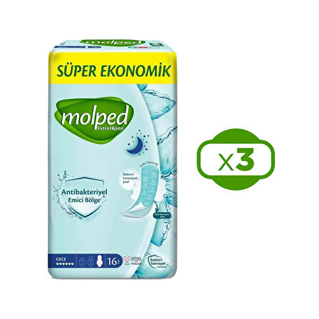 Molped Extra Hijyen Antibakteriyel Ped Gece Extra Uzun 16 lı x 3 Adet