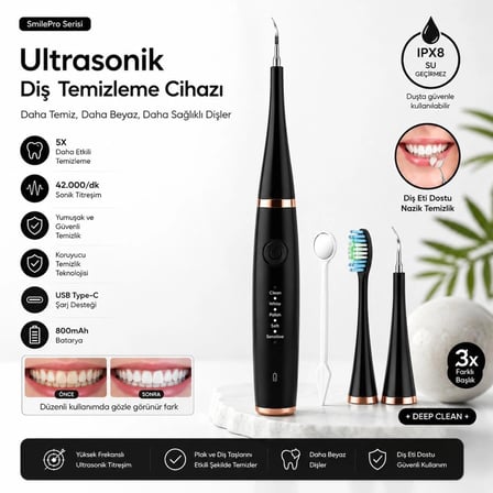 Ahm Ultrasonik Diş Temizleme Cihazı Şarjlı Diş Taşı Temizleyici USB Type-C 42.000 Rpm Titreşimli Ultra Sonic IPX8 Su Geçirmez 3 Başlıklı Diş Bakım Seti