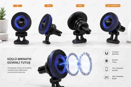 Flthc Manyetik Telefon Tutucu Araç İçi Havalandırma Izgarası İçin 16 Güçlü Mıknatıslı 360° Dönebilen Telefon Standı MagSafe Uyumlu Universal