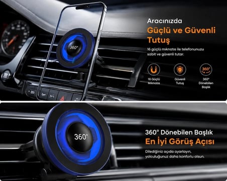 Flthc Manyetik Telefon Tutucu Araç İçi Havalandırma Izgarası İçin 16 Güçlü Mıknatıslı 360° Dönebilen Telefon Standı MagSafe Uyumlu Universal