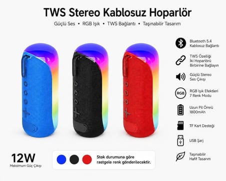 Blc TWS Stereo Kablosuz Bluetooth Hoparlör RGB Işıklı 12W Güçlü Ses 1800mAh Taşınabilir TF Kart Destekli USB Şarjlı