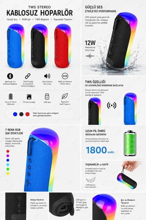 Blc TWS Stereo Kablosuz Bluetooth Hoparlör RGB Işıklı 12W Güçlü Ses 1800mAh Taşınabilir TF Kart Destekli USB Şarjlı
