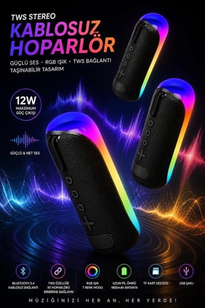 Blc TWS Stereo Kablosuz Bluetooth Hoparlör RGB Işıklı 12W Güçlü Ses 1800mAh Taşınabilir TF Kart Destekli USB Şarjlı