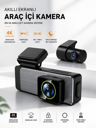 BLC 4K Ultra HD Araç İçi Kamera Ön ve Arka Çift Kameralı Akıllı Ekranlı Dash Cam Gece Görüşlü G-Sensörlü 140° Geniş Açı MicroSD Kart Destekli