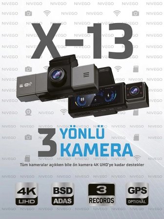 Dxtl X-13 4K 3 Kameralı Araç Içi Kamera 3.2 İnç Ekran Wifi Adas Bsd G-Sensör Park Modu