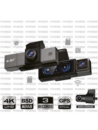 Dxtl X-13 4K 3 Kameralı Araç Içi Kamera 3.2 İnç Ekran Wifi Adas Bsd G-Sensör Park Modu