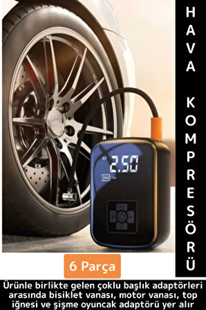 Premium Araba Motosiklet Bisiklet Şişme Yatak Dijital Led Ekranlı Şarjlı Hava Kompresörü 6 Parça
