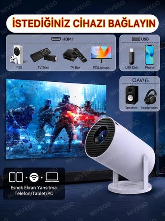 Nivego 4K UltraHD Android Uyumlu Mini Projektör Wifi Ekran Yansıtma Ev Sinema Cihazı Taşınabilir Projeksiyon Cihazı 2.4G+5G