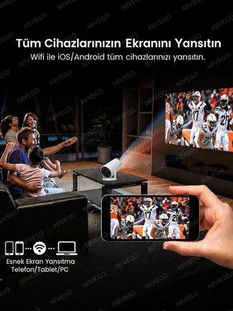 Nivego 4K UltraHD Android Uyumlu Mini Projektör Wifi Ekran Yansıtma Ev Sinema Cihazı Taşınabilir Projeksiyon Cihazı 2.4G+5G