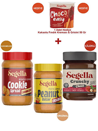 Segella Karamelize Bisküvi Ez, %100 Fıstık Ezm, Çilekli Mey. Parçacıklı Fındık Kreması 350gr x 3 Adet ve 1 Adet 50Gr Grisini Kakaolu Fındık Kreması HEDİYE