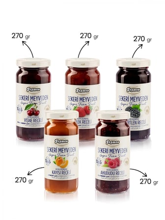 Seğmen Şekeri Meyveden Reçel Paketi 5’li – Çilek, Böğürtlen, Ahududu, Vişne ve Kayısı 270 g