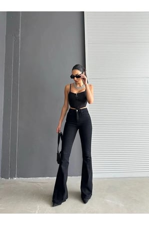 Siyah Çnr Kadın Yüksek Bel İspanyol Jeans Likralı Esnek Kot Pantolon Yeni Hsn-8