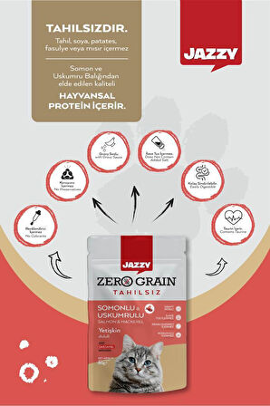 Jazyy Zero Grain Kedi Maması Uskumru&Somon Poşet 80 gr x 8 Adet