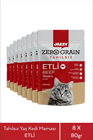 Jazzy Zero Grain Kedi Maması Etli Poşet 80 gr X 8 Adet