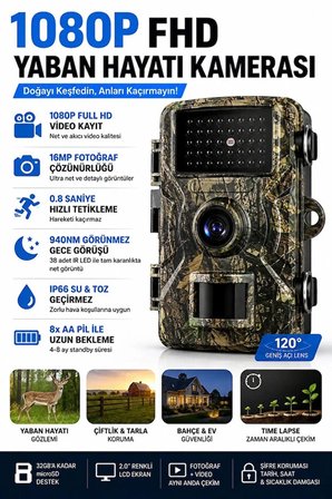 Nvg 1080P Full HD Yaban Hayatı Kamerası IP66 Su Geçirmez Fotokapan 16MP Gece Görüşlü Hareket Sensörlü Av Kamera 2.0" LCD 0.8 Sn Tetikleme 32GB TF Kart Destekli