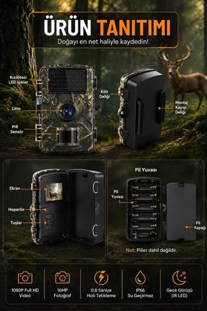 Nvg 1080P Full HD Yaban Hayatı Kamerası IP66 Su Geçirmez Fotokapan 16MP Gece Görüşlü Hareket Sensörlü Av Kamera 2.0" LCD 0.8 Sn Tetikleme 32GB TF Kart Destekli